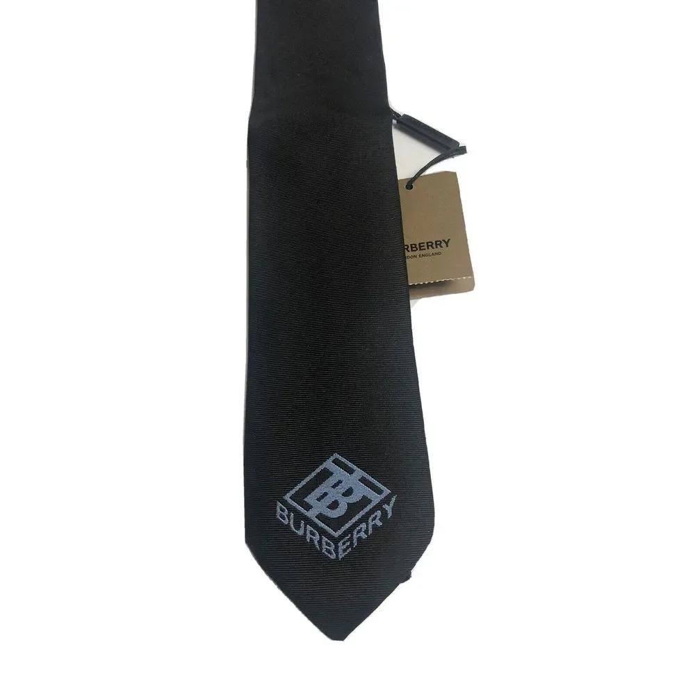 Burberry Tie Ice Blue Manston TB‎ Logo Navy Silk Made In England NEW